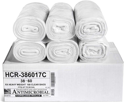 Aluf Plastics High Density Trash Bags, 60 Gallon, 150 Count, 17 Micron (eq), 38" x 60", Clear, for Bathroom, Office, Industrial, Commercial, Janitorial, Municipal, Recycling