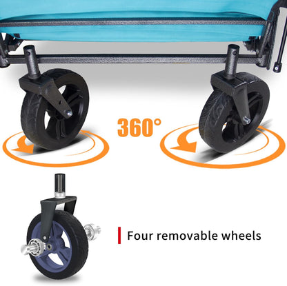Foldable Wagon with Canopy - Collapsible Utility Cart with 2 Seats & Belts, Adjustable Handle, Expandable Front for Camping, Picnic, Shopping (Turquoise/Grey)
