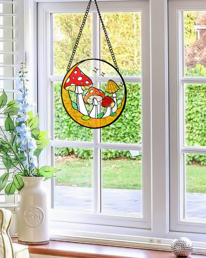 Tuitessine Mushroom Stained Glass Suncatcher Moon Toadstools Window Wall Hanging Ornament Hand-Painted Glass Panel Decor for Home Gift for Nature Plant Mushroom Lovers 6.3"*6.3"