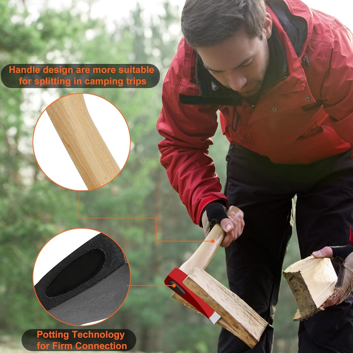 15” Chopping Axe with Sheath, Small Camping Hatchet Hand Axe for Wood Splitting, Outdoor Bushcraft Axe Tools for Hiking Gardening with Anti-Slip Handle