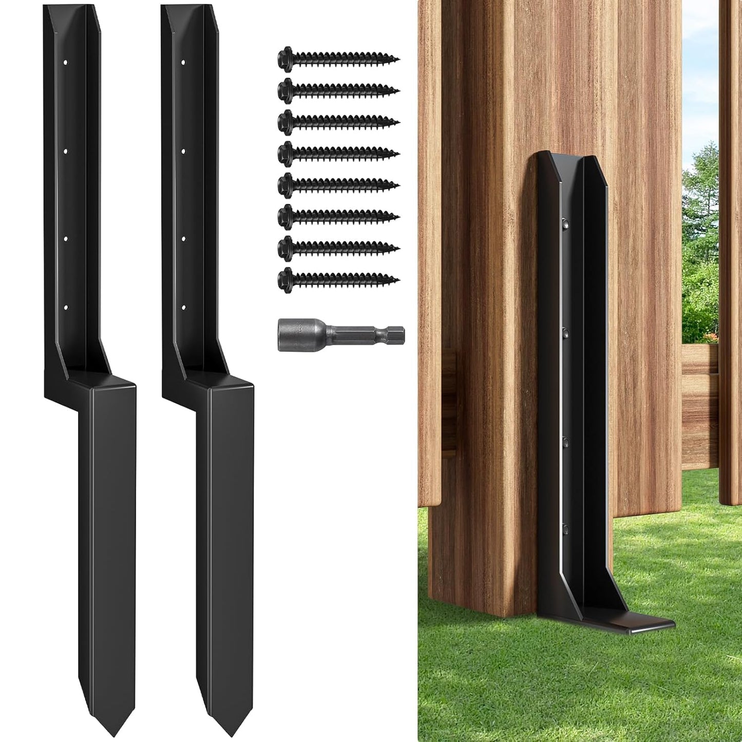 One-Piece Fence Post Repair Kit，Heavy Duty Steel Fence Post Anchor Ground Spike ，Quick Fix Broken/Leaning Wood Posts with，and Fixed Fence Posts（2-Pack）