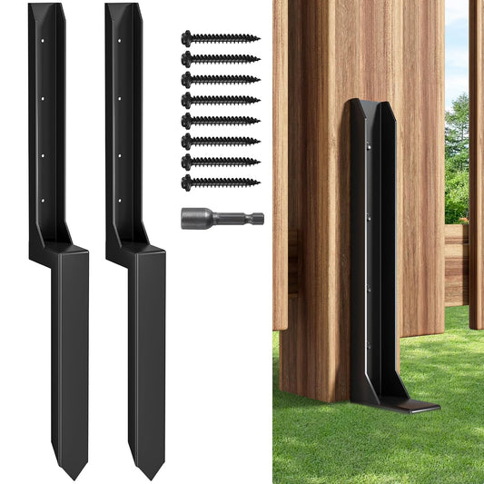 One-Piece Fence Post Repair Kit，Heavy Duty Steel Fence Post Anchor Ground Spike ，Quick Fix Broken/Leaning Wood Posts with，and Fixed Fence Posts（2-Pack）