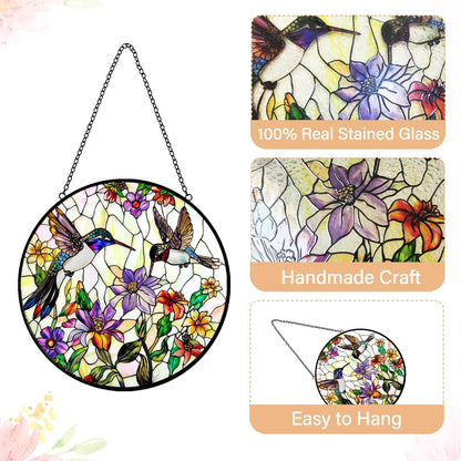 Stained Glass Hummingbird Suncatcher Window Hanging - Handmade Stained Glass Bird Suncatchers for Windows Hanging - Wildflowers Sun Catchers Wall Art Home Garden Decor Panel Gifts for Women Mom Wife