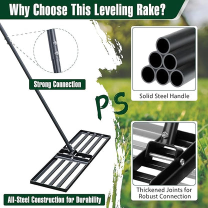 Jardineer Lawn Leveling Rake 36 Inches with 72 Inches Long Handle, Yard Leveling Rakes for Grass Soil, Lawn Leveler Rake Heavy Duty, Ground Dirt Leveler for Yard
