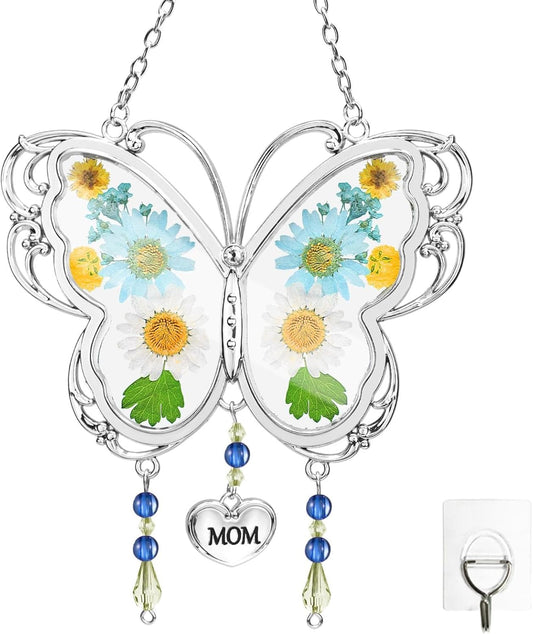 LARAINE Butterfly Suncatcher with Pressed Flower Wings Mom Mother's Day Butterfly Glass Wind Chime Ornament Charm with Metal Heart Gifts for Mom Grandma Aunt Birthday (Grandma, Blue)