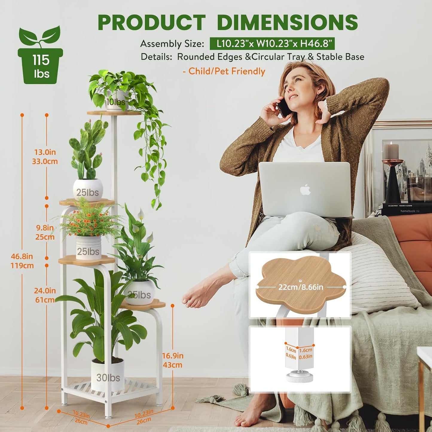 TOSKING 5 Tier Metal Plant Stand Indoor 48''H Tall ,Heavy Duty Plant Shelf , Corner Shelf Flower Pot Stand for Outdoor Plant Stand for Living Room Balcony Garden Patio Bedroom (5 Tier-White and Wood)
