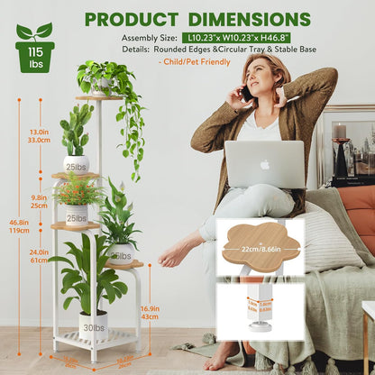 TOSKING 5 Tier Metal Plant Stand Indoor 48''H Tall ,Heavy Duty Plant Shelf , Corner Shelf Flower Pot Stand for Outdoor Plant Stand for Living Room Balcony Garden Patio Bedroom (5 Tier-White and Wood)