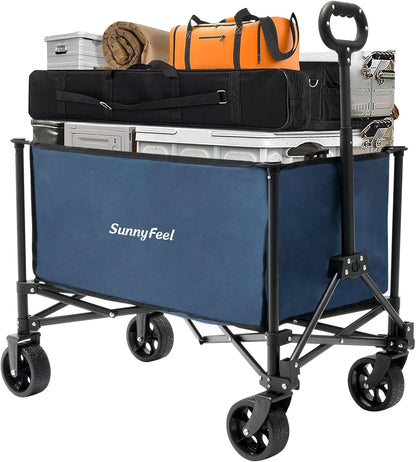 SUNNYFEEL Collapsible Wagon Cart with Wheels Foldable - 176lbs Standard Borderless Version Wagon Carts for Grocery Sports Garden Shopping Camping(Blue, 164L)