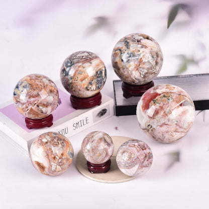 JIC Gem Natural Striped Agate Crystal Sphere with Wooden Stand Decorative Crystal Ball Healing Gemstone Sphere for Meditation Feng Shui Witch-Style Decor70-80mm