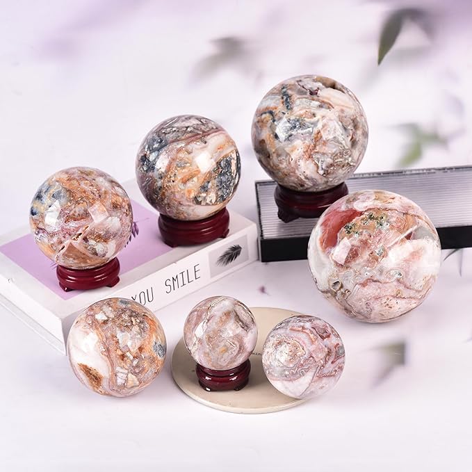 JIC Gem Large Striped Agate Crystal Sphere Ball with Wooden Stand Healing Crystal Decorative Ball Meditation Feng Shui 90-100mm