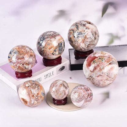 JIC Gem Large Striped Agate Crystal Sphere Ball with Wooden Stand Healing Crystal Decorative Ball Meditation Feng Shui 90-100mm