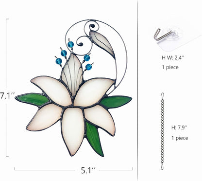 Women Birthday White Lily Flower Gift for Her, Floral Gift Stained Glass Window Hangings Suncatcher Anniversary Love Gifts for Mom Grandma Aunt Sister