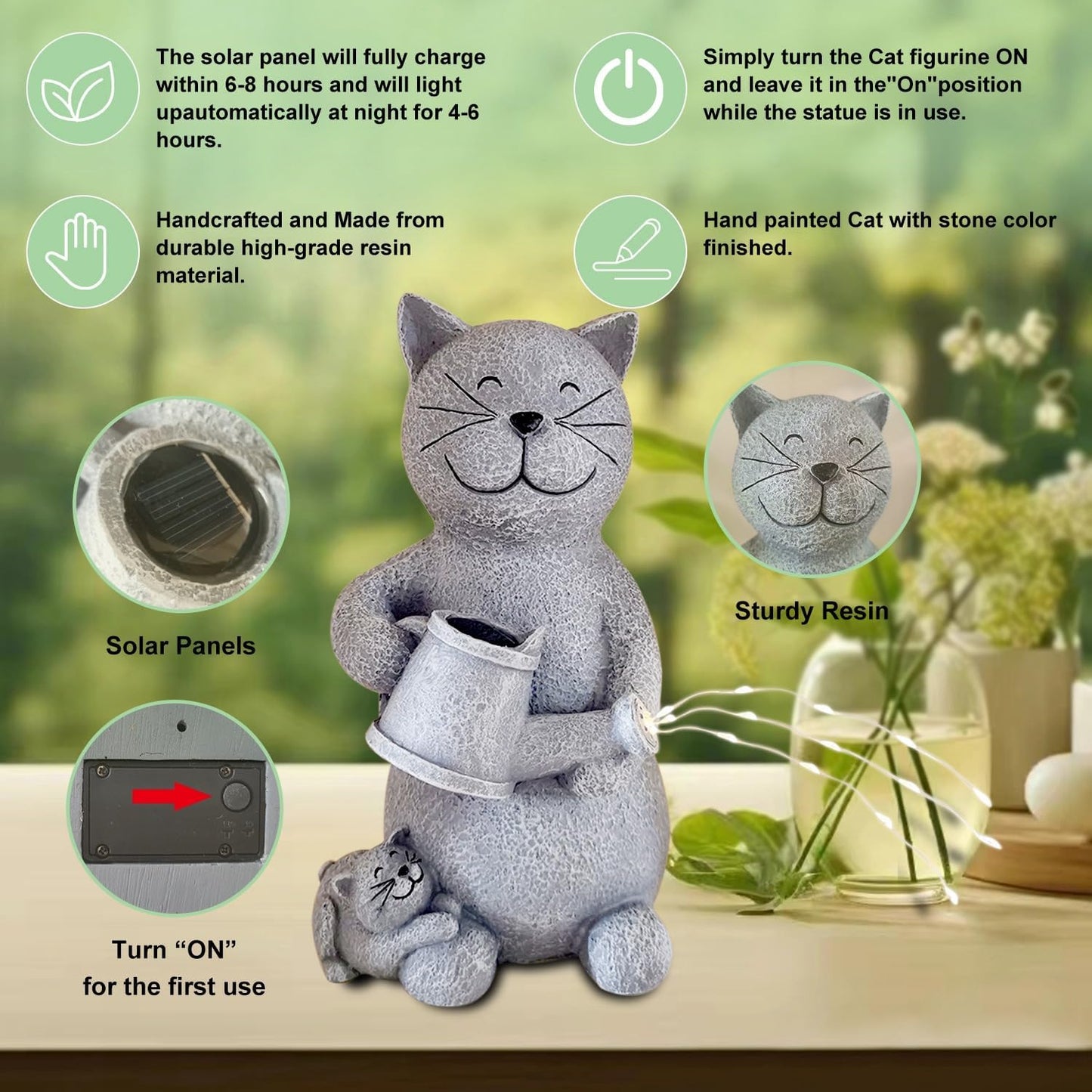 Solar Cat Outdoor Statue and Figurine Lights, Loving Cat for Patio, Balcony, Yard, Lawn-Unique Housewarming Gift for Mom Grandma
