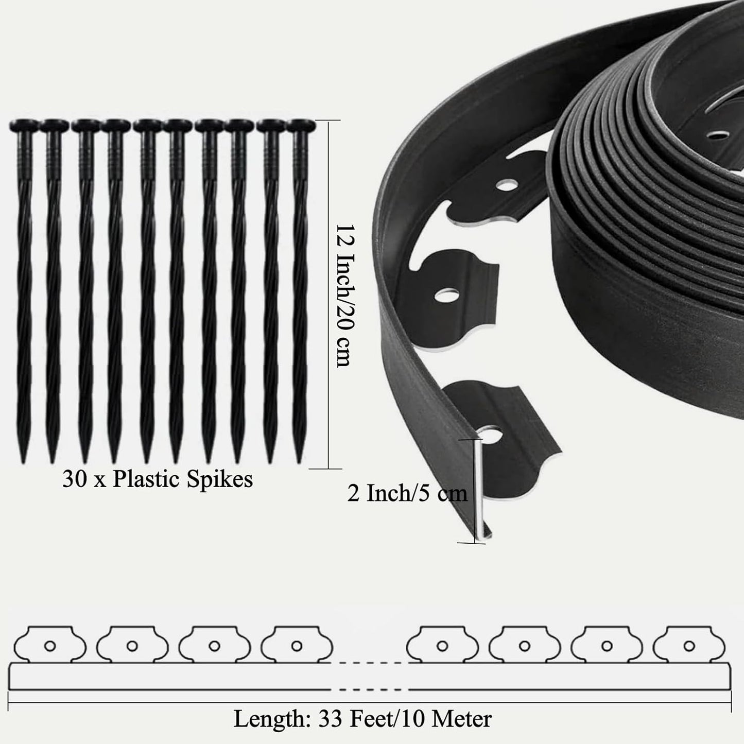 Landscape Edging Border Kit, No Dig Garden Edging Coil with 30 Anchoring Spikes, 2" x 33' Flexible Plastic Lawn Fence Kit for Yard Flowerbeds Grass