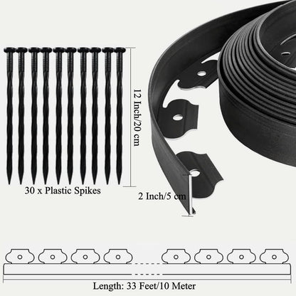 Landscape Edging Border Kit, No Dig Garden Edging Coil with 30 Anchoring Spikes, 2" x 33' Flexible Plastic Lawn Fence Kit for Yard Flowerbeds Grass