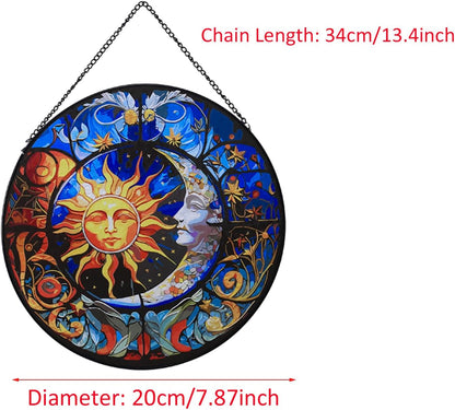 Hanging Stained Glass for Windows,20cm/7.87inch Sun and Moon Hand-Painted Sun Catcher Garden Hangings Christmas Mother's Day, Valentine's Day Ornaments Festival Gift
