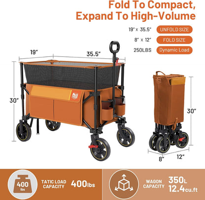 TIMBER RIDGE 350L Extra Large Collapsible Folding Wagon Carts with Brake, Heavy Duty Outdoor Camping Utility Wagons with Extended Height, Adjustable Handle, Cup Holders, Side Bag(Orange)