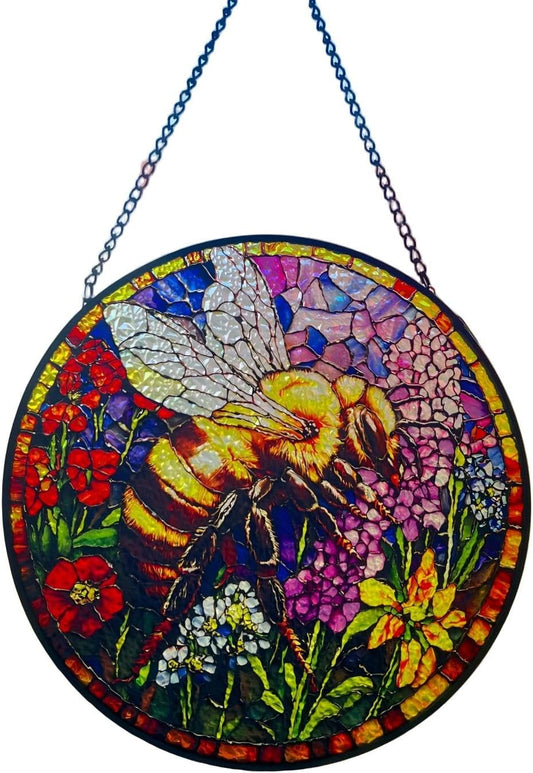 Bee and Flowers Handmade Stained Glass Window Hanging Suncatcher with Chain - 7.9" Outdoor/Indoor Art Decor for Home Garden, Wedding, Mother's, Valentine's & Christmas Ornaments Present