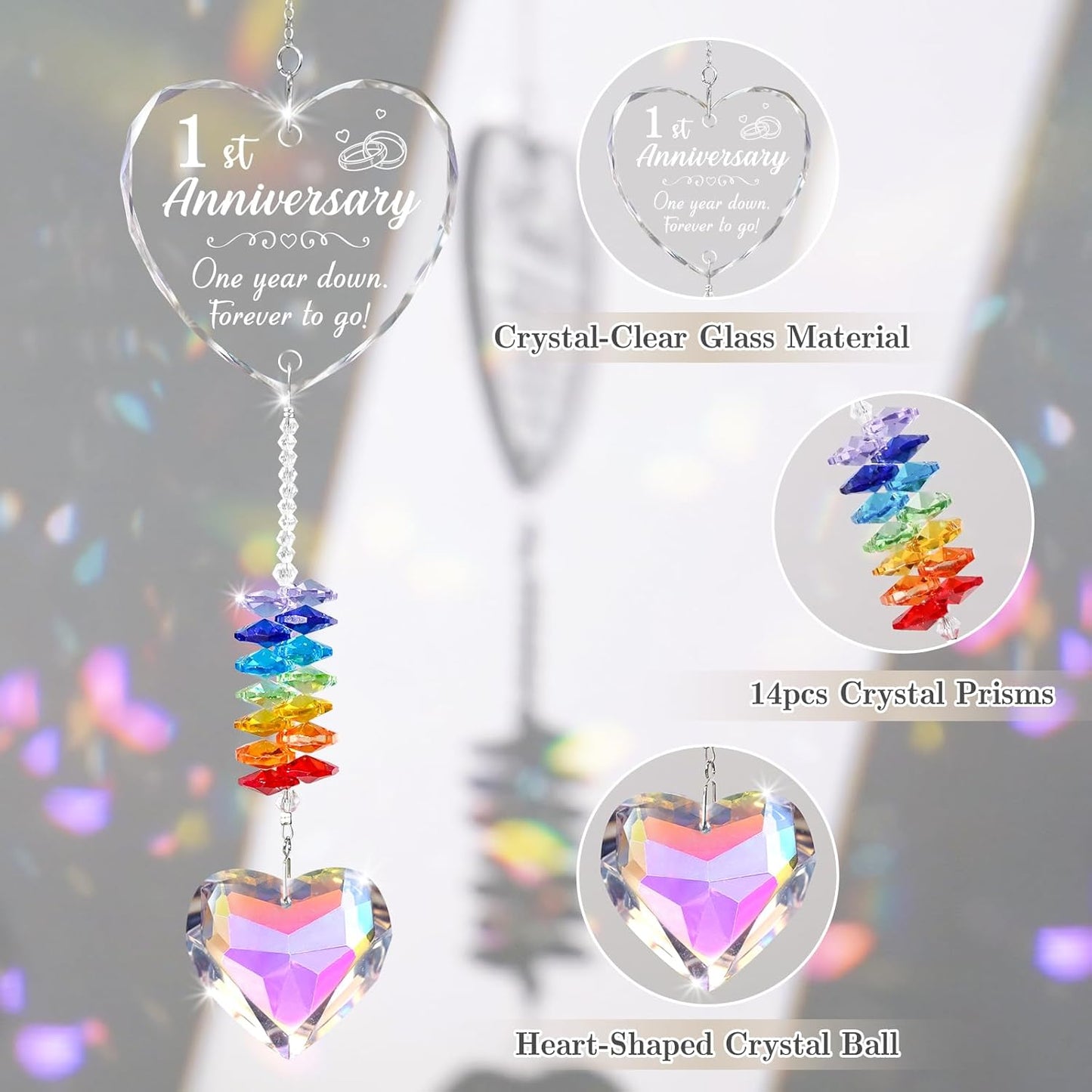 1st Anniversary Wedding Gifts for Her or Him, 1 One Year Anniversary Romantic Gift for Girlfriend, Boyfriend, Wife, Husband, First Paper Presents for Couple, Crystal Suncatcher