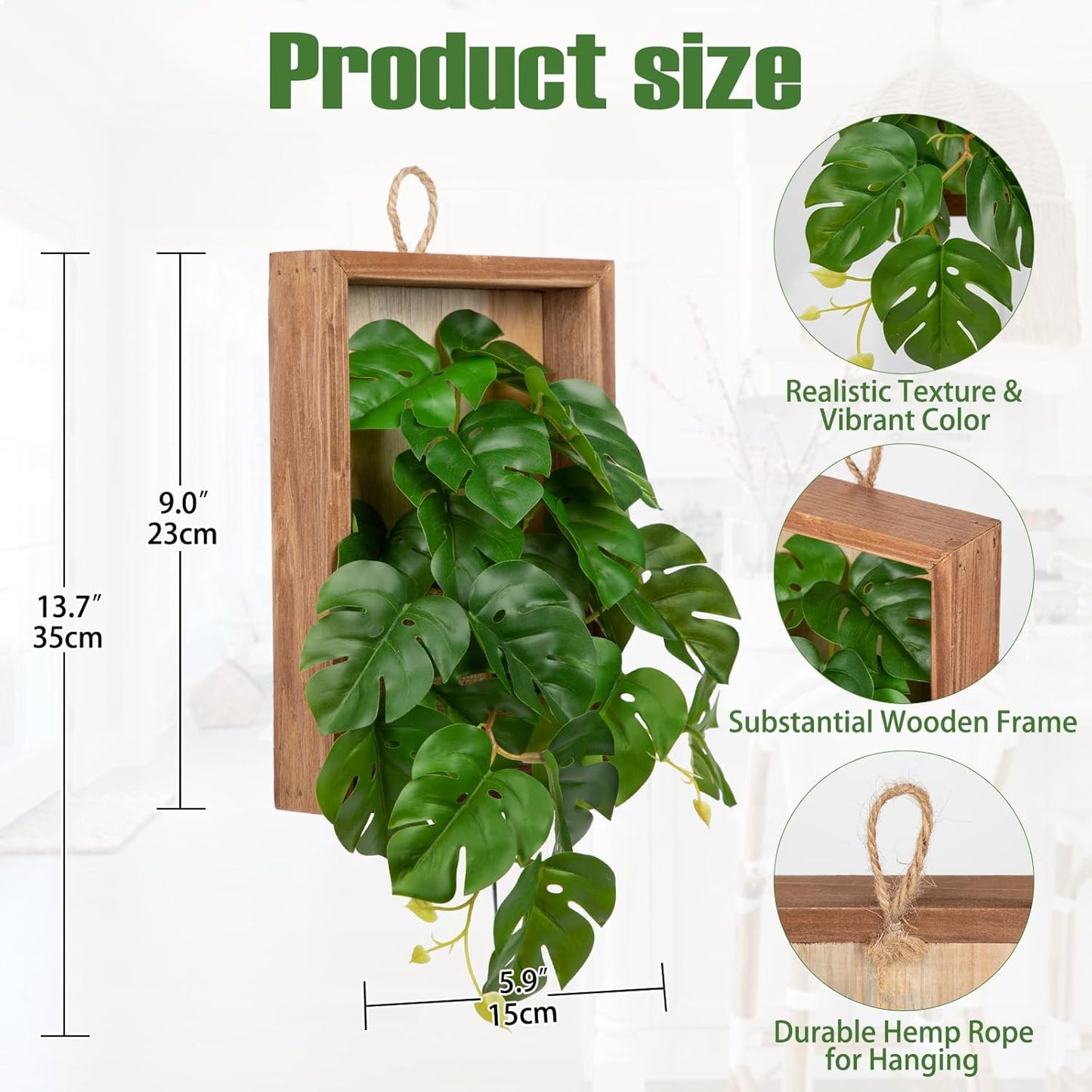 DILATATA Artificial Hanging Plants with Wooden Frame 2 Pack Faux Monstera Leaves Hanging Vine Greenery Plants for Living Room Bedroom Farmhouse Office Home Decor