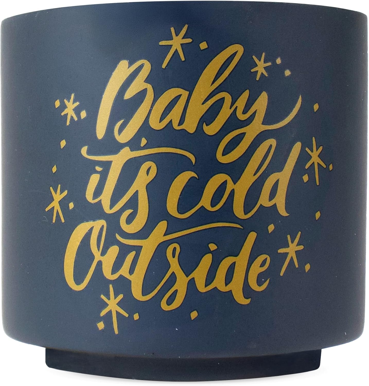 Ceramic Holiday Planter Pot with Wood Stand, Baby It's Cold Outside Design, Navy Blue & Gold, Holds 4" House Plant or Succulent, Festive Winter Christmas Home Decor