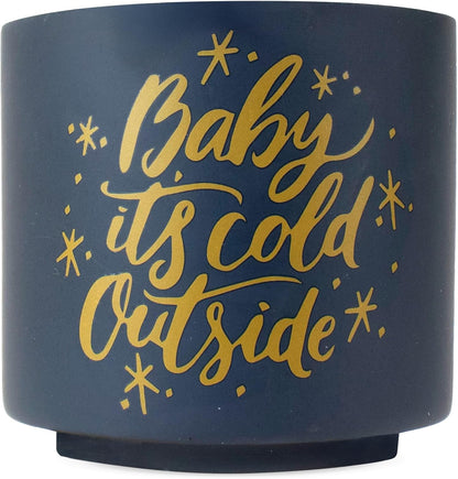 Ceramic Holiday Planter Pot with Wood Stand, Baby It's Cold Outside Design, Navy Blue & Gold, Holds 4" House Plant or Succulent, Festive Winter Christmas Home Decor