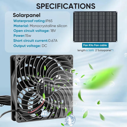 Solar Fan 15W Solar Powered Exhaust Fan Kit, 2 Mini Fans, Portable Ventilation Solar Fan for Chicken Coops, Dog Houses, Greenhouses, Pet Homes, Gardens