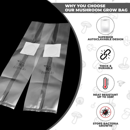 60 Packs Mushroom Grow Bags 8"x5"x20", Durable Mushroom Spawn Bags with 0.5 Micron Filter Patch, Large Growing Bags for Substrates, Tear & Heat Resistant up to 338°F