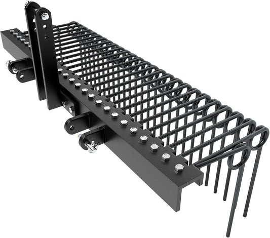 72 Inch Pine Straw Needle Rake, 3 Point Landscape Rake, Powder Coated Steel Spring Tow Behind Rakes, Tractor Attachments for Leaves Straw Grass Attach to Cat 0 Cat 1, Black