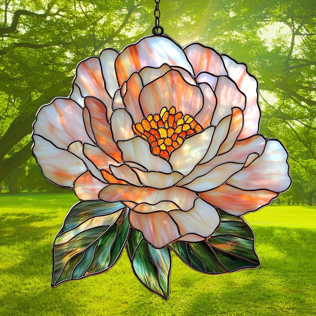Pastel Pink Peony Acrylic Suncatcher Stained Glass Effect Window Car Hanging Christmas Ornament Indoor Outdoor Decor Garden Sun Catcher Panel for Peony Lover for Women Mom Grandma