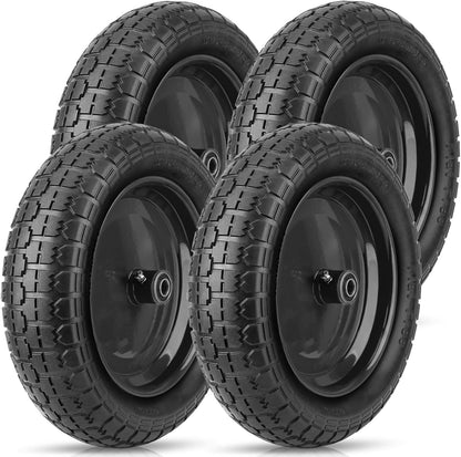 TICONN 4.80/4.00-8 Tire, 16" Flat Free Wheelbarrow Tire and Wheel, Solid Replacement Tires, 5/8" 3/4" Bearings, Universal Fit 4.80/4.00-8, 3.50/3.00-8, 4.00-6 (16" Black, 4PK)