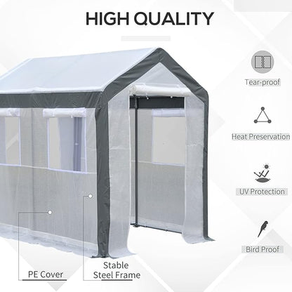Outsunny 8' x 6' x 7' Walk-in Greenhouse, Outdoor Garden Warm Hot House with 4 Roll-up Windows, 2 Zippered Doors and Weather Cover, White