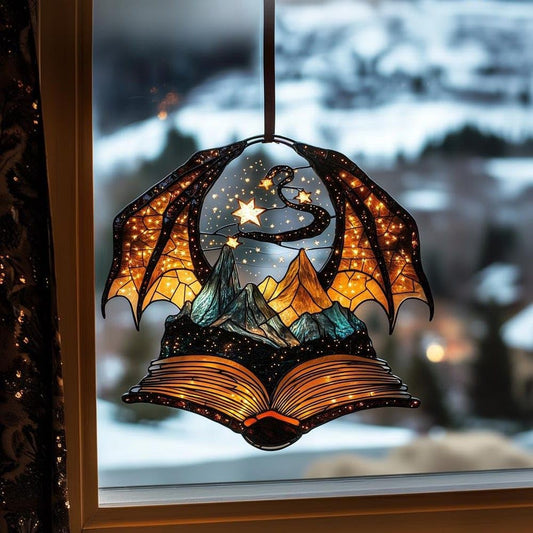 Dragon Wings Book Bookworm Acrylic Suncatcher Stained Glass Effect Window Car Hanging Christmas