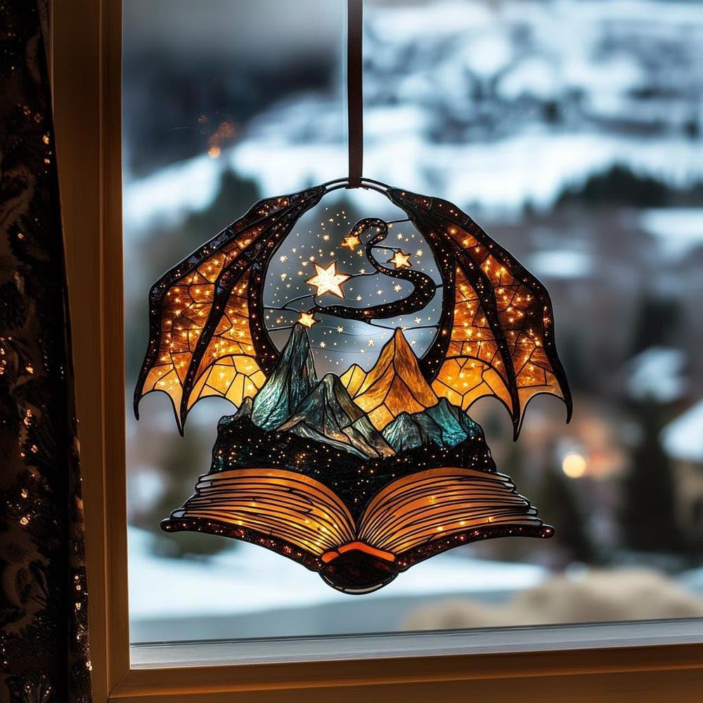 Dragon Wings Book Bookworm Acrylic Suncatcher Stained Glass Effect Window Car Hanging Christmas Ornament Indoor Outdoor Decor Garden Bookish Sun Catcher Book Lover for Women Mom Grandma