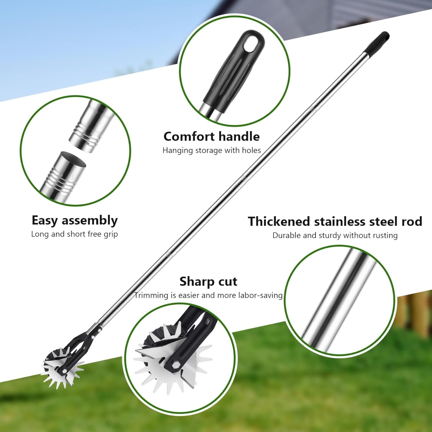 Edger Lawn Tool 53.2 Inch Manual Grass Edger with 3 Sections Stainless Steel Handle and Wheel, Rotary Garden Edging Tool for Landscaping, Sidewalk, Yard