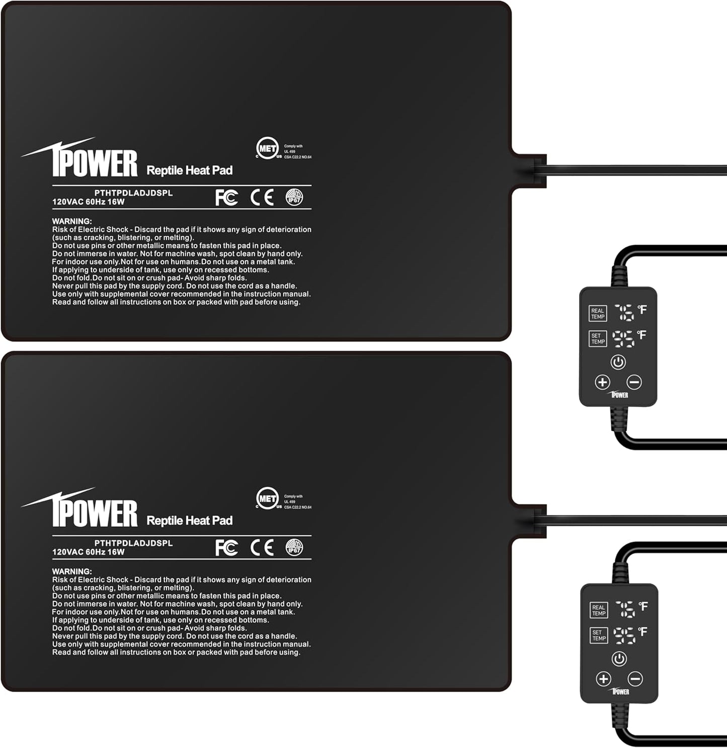 iPower 8 by 12 Inch 16W Reptile Heating Pad with Adjustable Thermostat, Under Tank Warmer Terrarium Heat Mat for Turtles/Snakes/Lizards/Frogs, 2 Pack