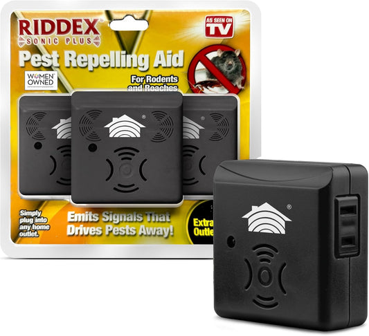 Riddex Sonic Plus Ultrasonic Pest Repeller, Plugs in with extra Outlets Indoor Use - Insect Repellent - Bug Repellents for Home Defense - Protect Against Rodents & Insects, Chemical Free(3 Pack Black)