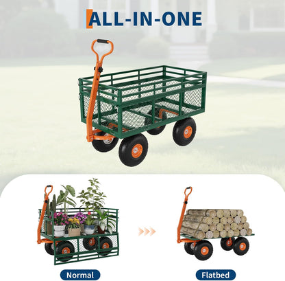 Versatile Garden Cart for Lawn and Yard with Heavy Duty Steel, 1400 Lbs Capacity Mesh Steel Garden Cart Folding Utility Wagon with Removable Side Panels, Long Handle, 10" Tires - Green and Orange