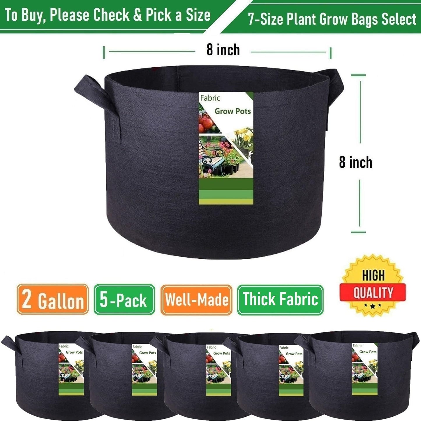 5-Pack 2 Gallon Plant Grow Bags (8x8 inch) Thickened Gardening Bags Fabric Plant Pots for Flower Pots,Plant Nursery Bag,Garden Pot,Herbs Veggies Planter Bag,Barrel Planter,Garden Container W/ Gloves