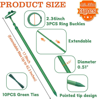 Extendable Plant Stakes,Adjustable Length from 17.9IN to 42.3IN Monstera Support Stakes with Clips,Sturdy Plant Stakes for Indoor Outdoor,Garden Sticks for Tomato,Orchid,Climbing Plants- 3Pack