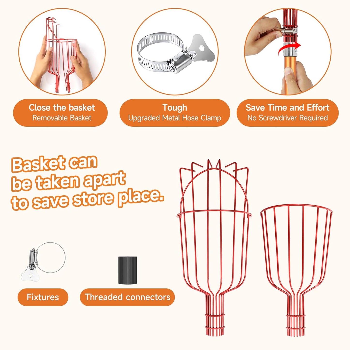 SANLIKE Fruit Picker Tool 8FT Telescoping Fruit Picker Pole, Easy to Assemble Twist-On Apple Basket, Lightweight Aluminum Fruit Picking Equipment for Getting Fruits Apple Orange Pear Mangoes