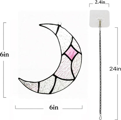 Moon Stained Glass Window Hanging Suncatchers，Handcrafted Art Glass Crescent Moon Decorations Indoor Window Gift for Women, Christmas,Thanksgiving (Silver)