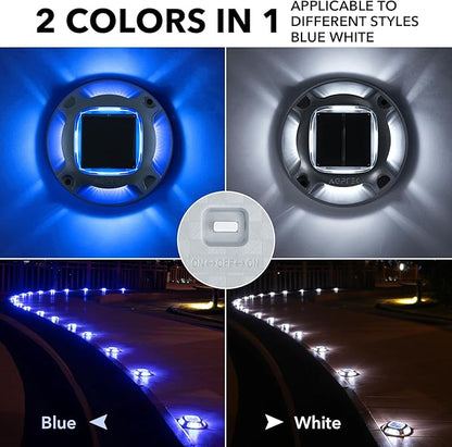AGPTEK Solar Driveway Lights Outdoor 4 Pack, 2 Color Modes LED Deck Dock Marine Waterproof Security Marker Lights for Step Sidewalk Stair Garden Pathway Walkway Yard(Blue Light/Cool White)