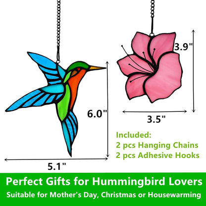 2 Pack Stained Glass Hummingbird with Flower Suncatcher for Window Hanging Ornament, Sun Catchers Indoor Window, Stained Glass Birds with Flower Gifts for Women, Mom, Birds Lovers