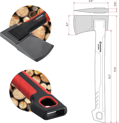 INTERTOOL Long Hatchet Camping Axe for Wood Chopping and Kindling - 18" Ax Tool for Splitting Firewood & Outdoor Survival, Gardening, Hiking with Shock Absorbing Anti-Slip Handle & Sheath - HT08-0292