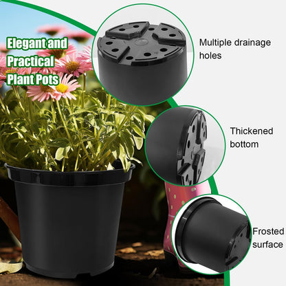 5 Gallon Pots with 10lbs Rocks, 12 Inch Plastic Nursery Pots with Drainage Holes, Round Sturdy Garden Pots with Stones, Deep Nursery Pots for Plants, Gardening Gifts for Women (5-Pack, Black)