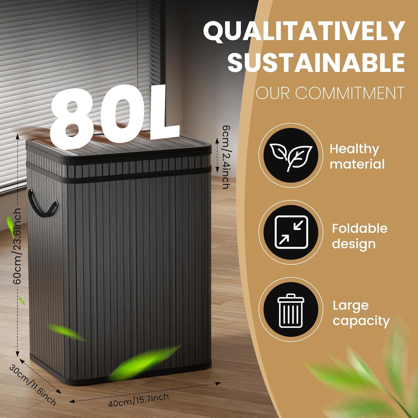 80 Liter/21 Gallon Large Trash Can with Lid, Garbage Bin Wastebasket Made of Bamboo, Outdoor Garbage Can/Waste Bin for Home, Office, Bathroom, Kitchen 24" HX15.8 WX11.8 D (Advanced Black)