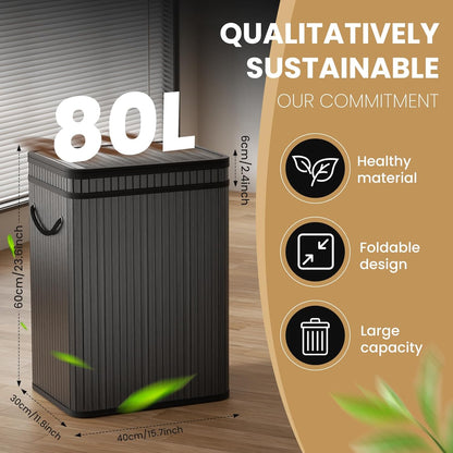 80 Liter/21 Gallon Large Trash Can with Lid, Garbage Bin Wastebasket Made of Bamboo, Outdoor Garbage Can/Waste Bin for Home, Office, Bathroom, Kitchen 24" HX15.8 WX11.8 D (Advanced Black)