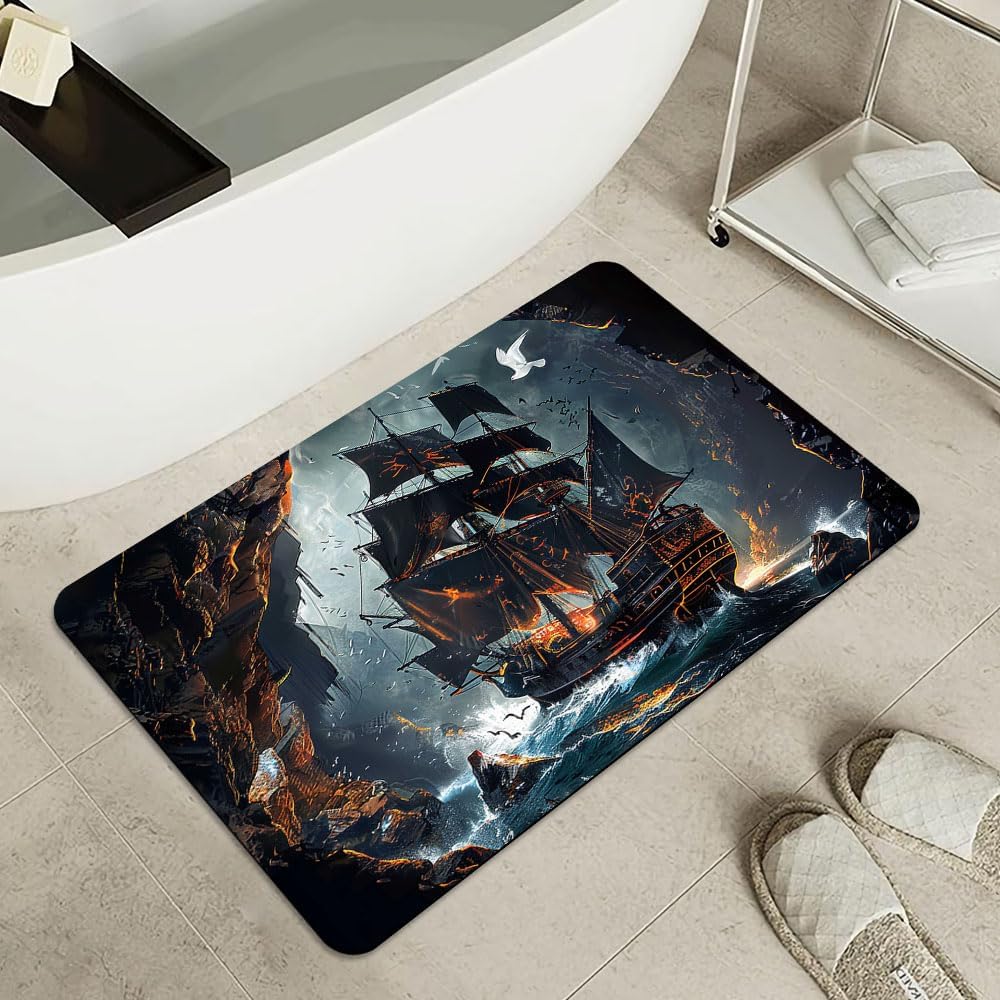 Bath Mat-Bathroom Rug，Dark Pirate Ship-Absorbent Non Slip Quick Dry Stain Resistant Easy to Clean Care Shower Rug for Bathtub Shower Room 20×31Inch (50 * 80cm)