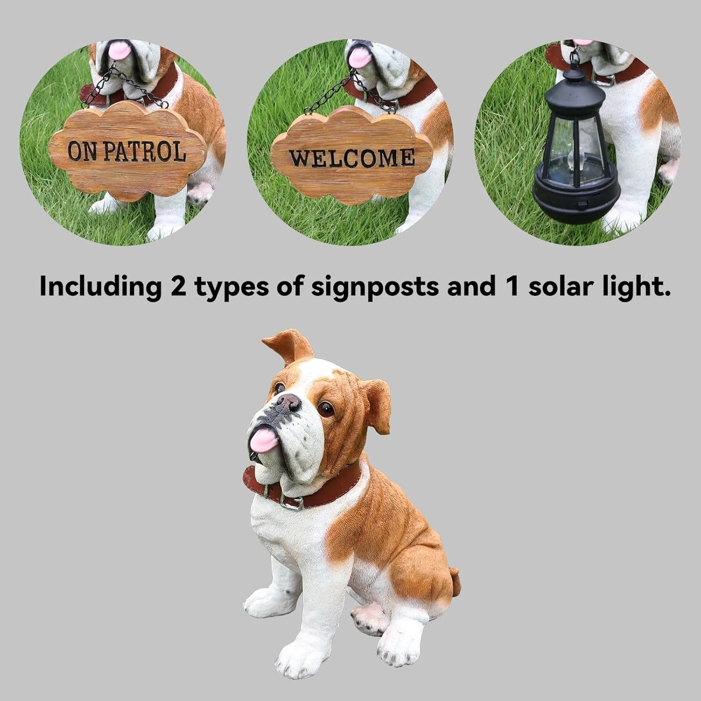 English Bulldog Statue Outdoor Decorations – Outdoor Dog Statue Fawn English Bulldog with Replaceable Solar Light & Welcome Sign for Porch Décor